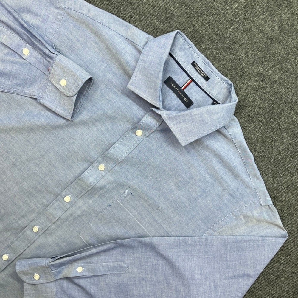 Tommy Hilfiger Dress Shirt Mens Large Blue Regular Fit Stretch Wrinkle Free L